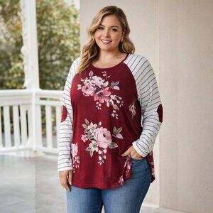 Women's Burgundy Floral Raglan Long Sleeve Top Plus Size T-Shirt Blouse 26W/2XL